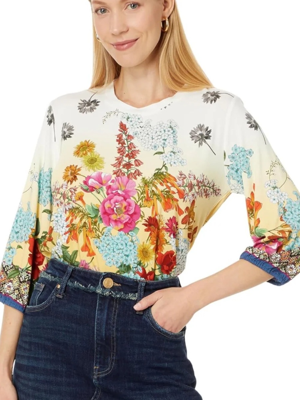 Johnny Was Floral Ombre Long Sleeve Women's Top - Yellow Multi